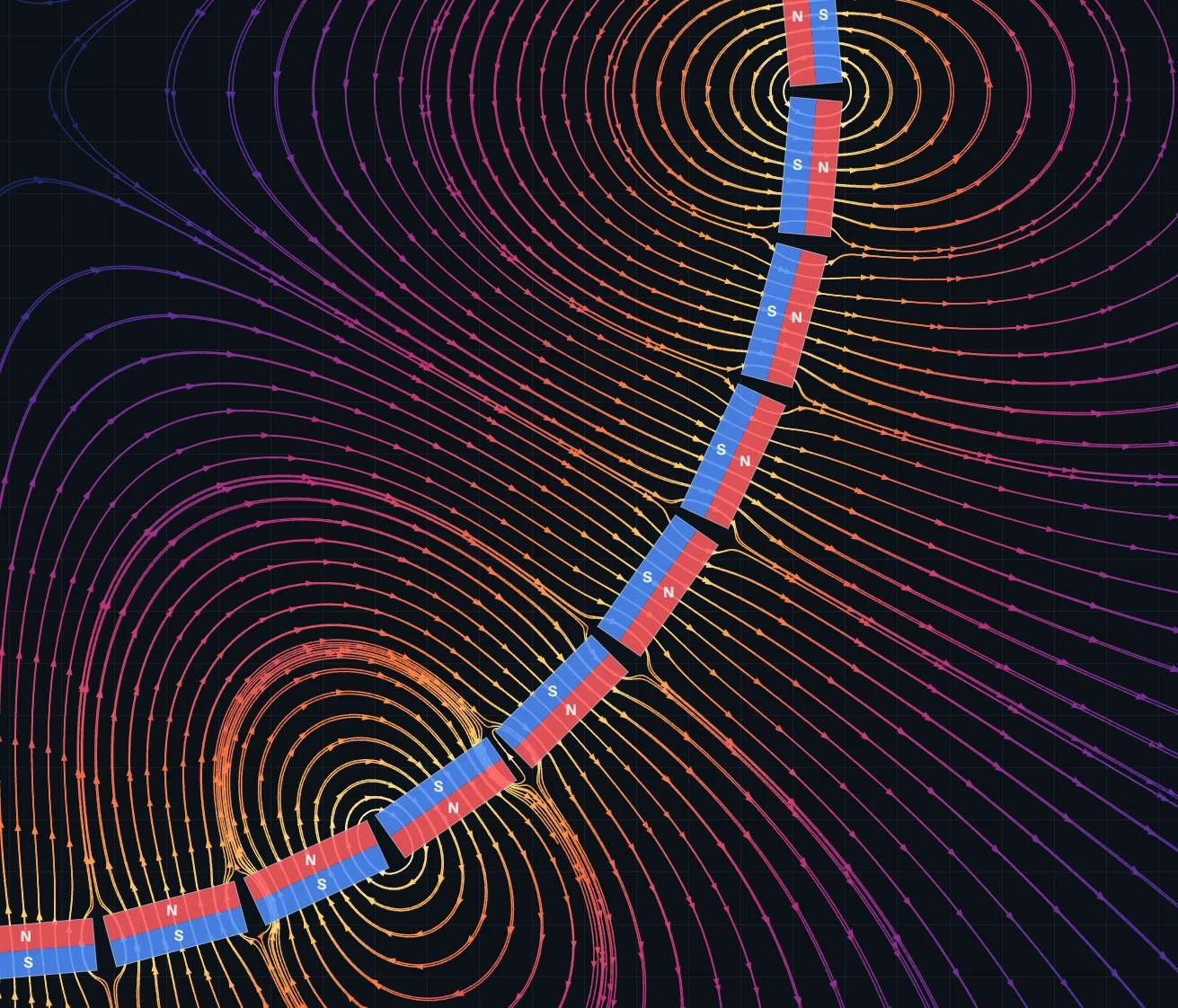 FEA field-line plot of block magnets arranged in an arc, showing the combined field wrapping around the chain of magnets