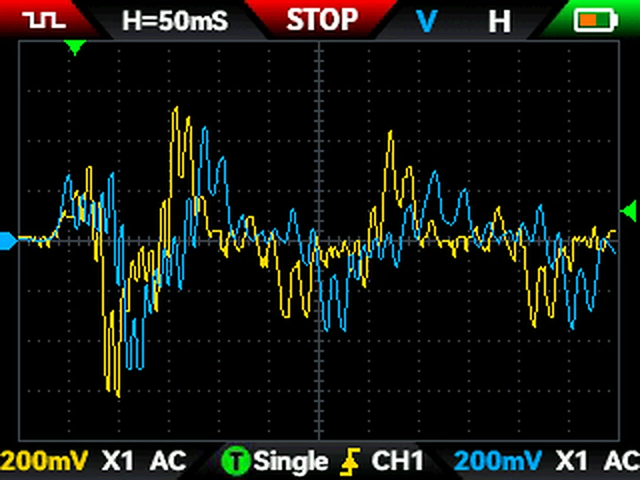 Oscilloscope trace showing a roughly sinusoidal back-EMF with six cogging spikes