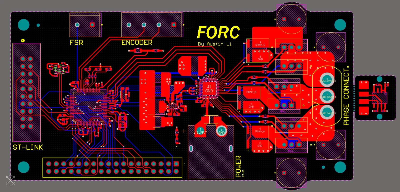 Altium board layout of FORC with copper pours and routing visible