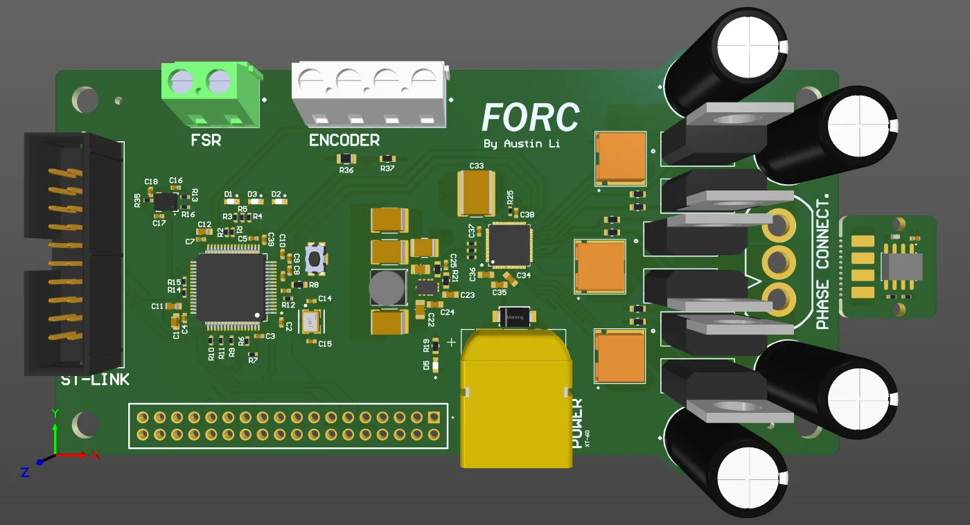 Top-down render of the FORC board showing the power stage and connectors