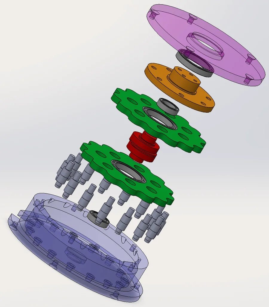 Exploded CAD view of the cycloidal gearbox internals